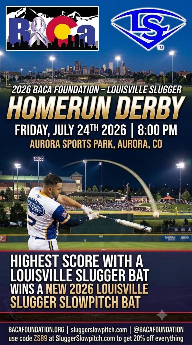 Promotional poster for the 2026 Baca Foundation - Louisville Slugger Homerun Derby, featuring team logos, event text, and a baseball player at bat on a stadium field at night.